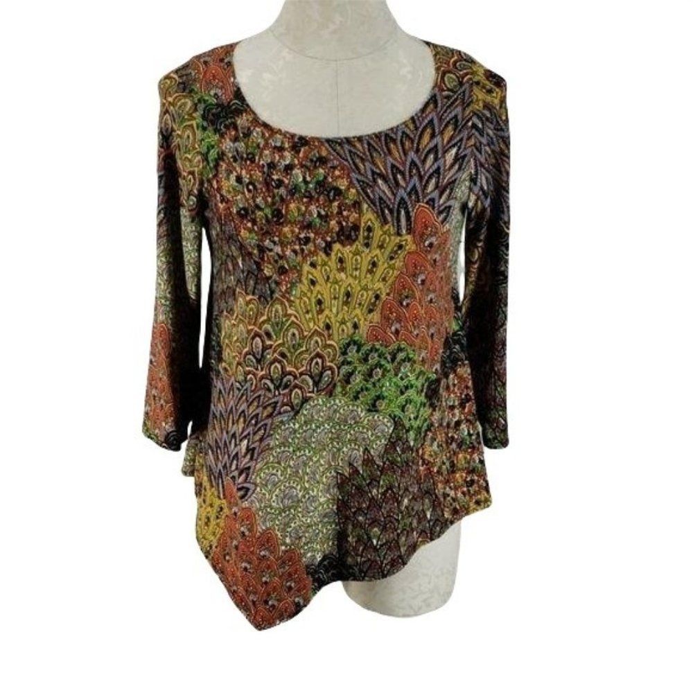 Star Vixen Asymmetrical Peacock small‎ quarter sleeve boho animal print Blouse